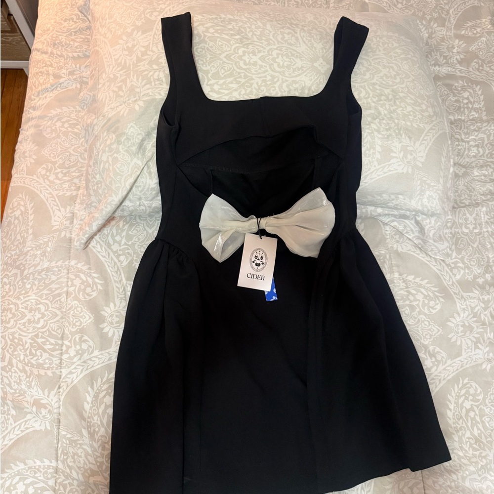Cider Black Mini Dress with Cream Bow